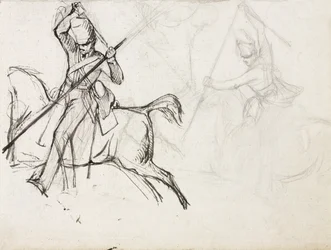 1815年のウォータールーの戦いでのフレンチイーグルの捕獲を示した絵のための、スコットグレイのエワート軍曹の姿に関する研究（紙と鉛筆）